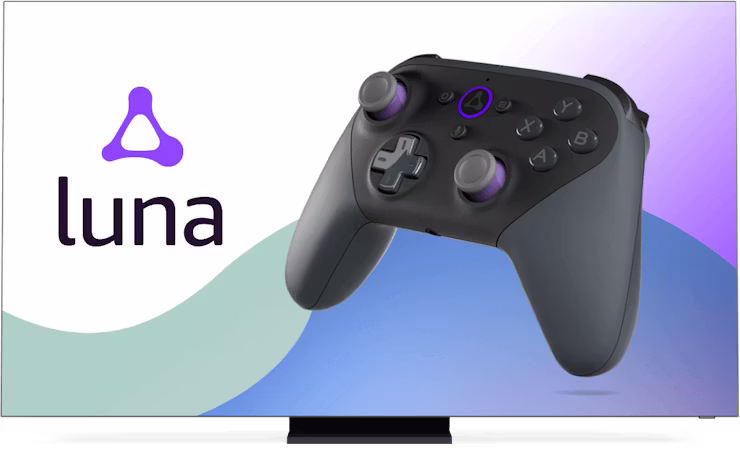 Pantalla con el logotipo de Amazon Luna y el control.